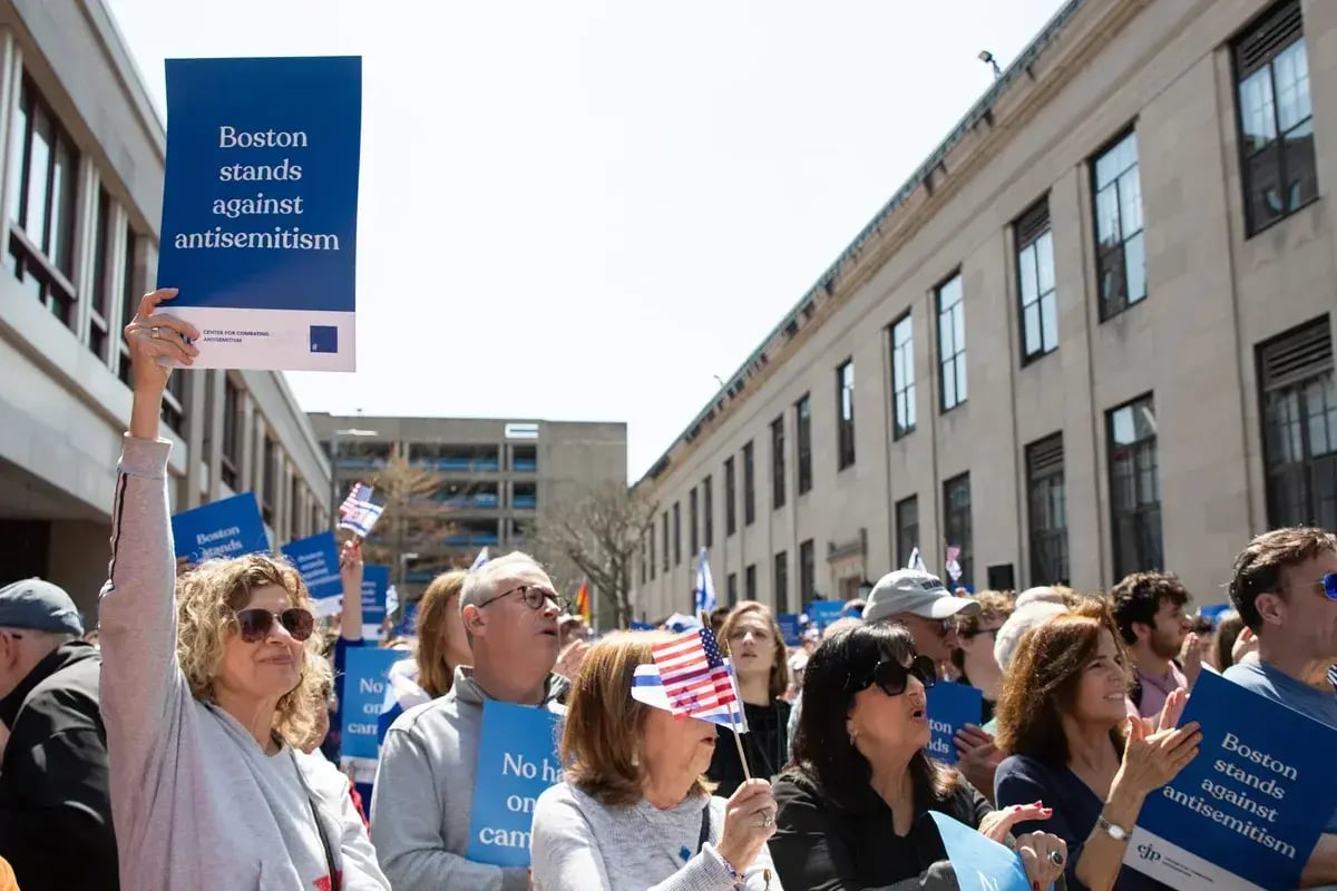 Community members gathered at a rally against antisemitism in Greater Boston.
