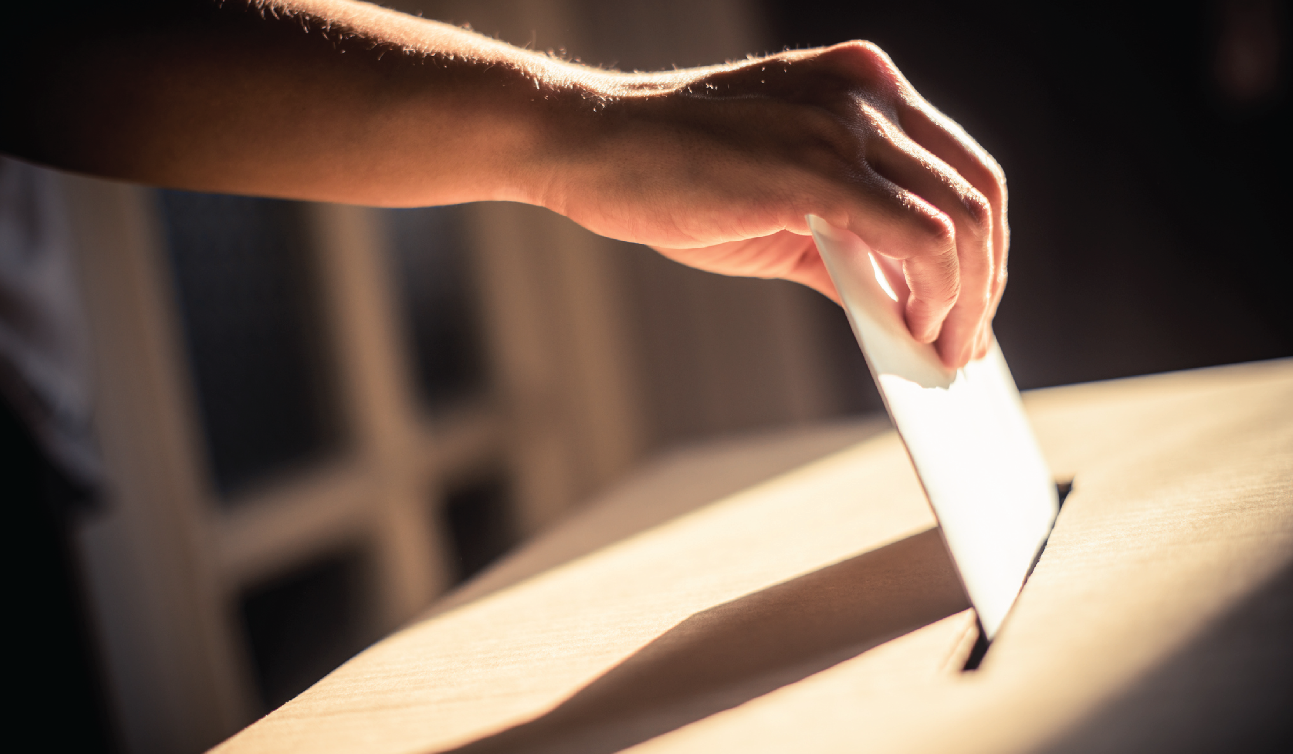 Image: A hand casting a ballot into a wooden box.