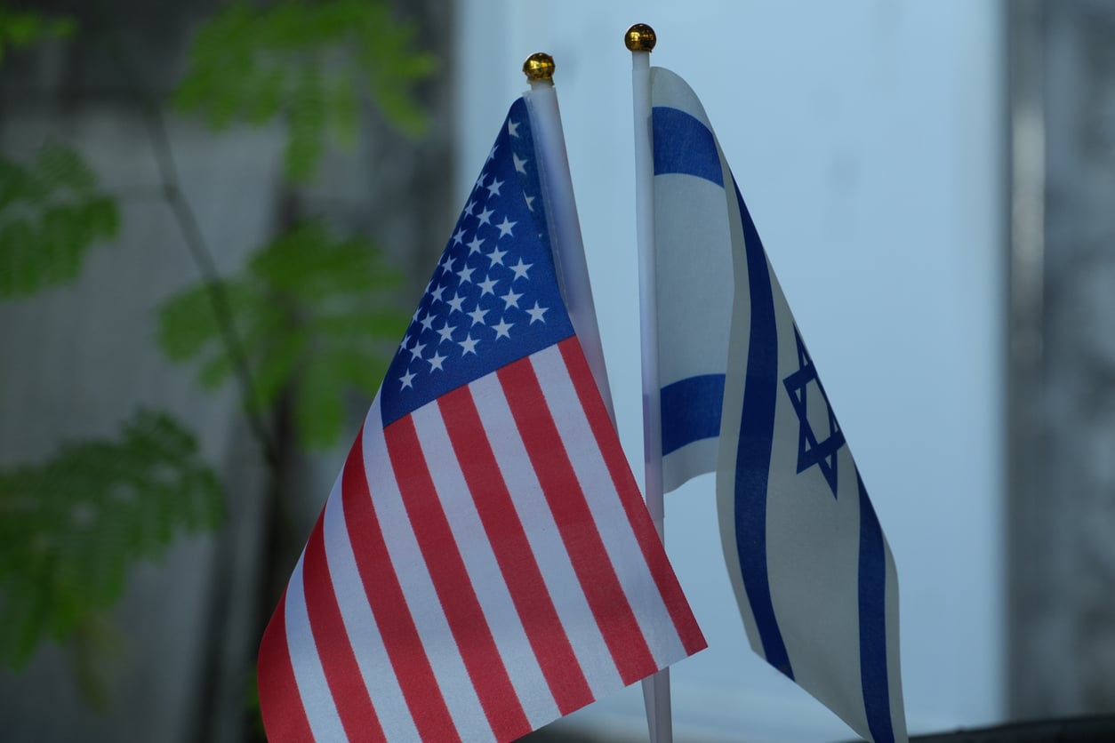 The USA and Israel flags flying next to each other.